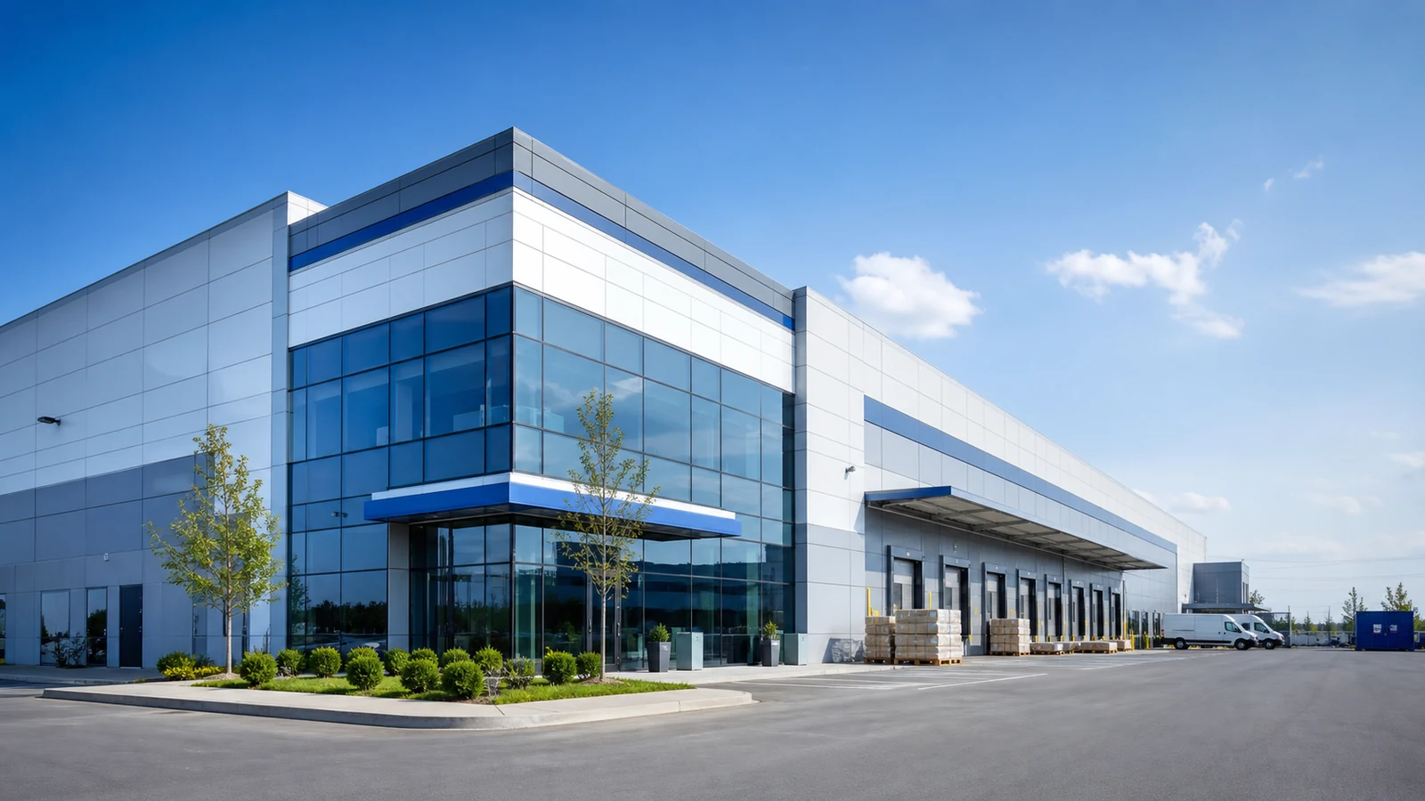 Modern industrial automation factory exterior and logistics area