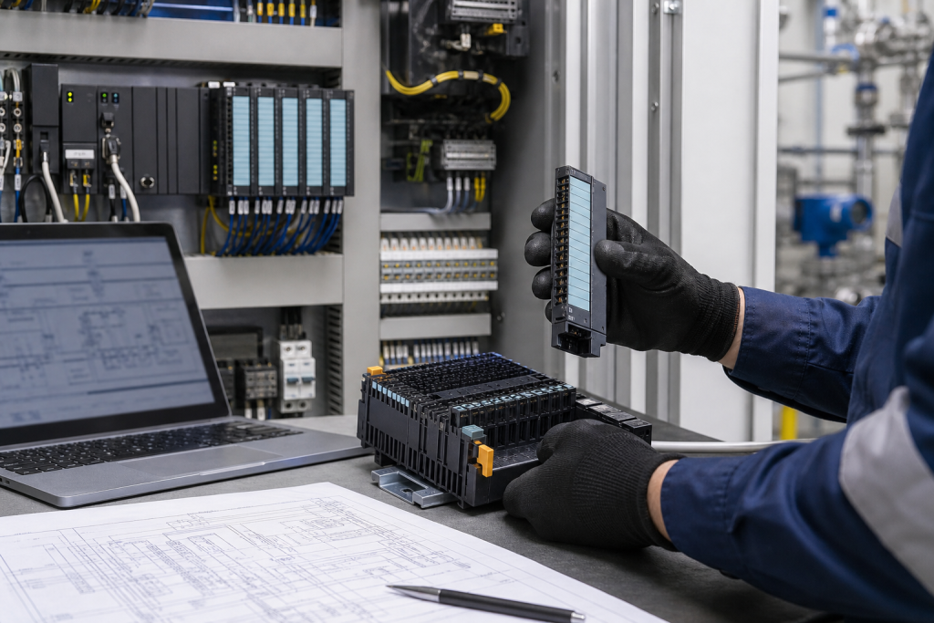 Engineer identifying a distributed control system I/O module beside a control cabinet
