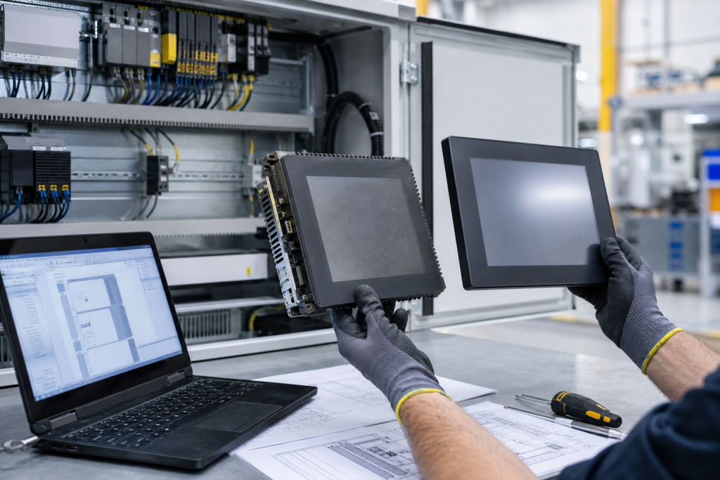 Engineer comparing industrial HMI panels beside a control cabinet before a replacement inquiry