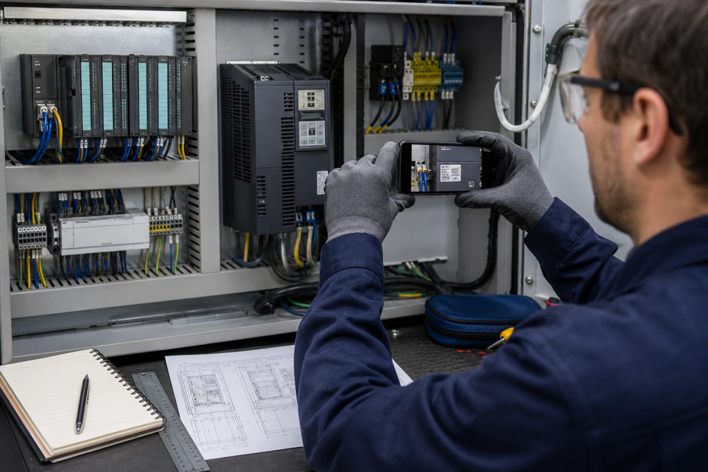 Engineer photographing an industrial automation module nameplate inside a control cabinet