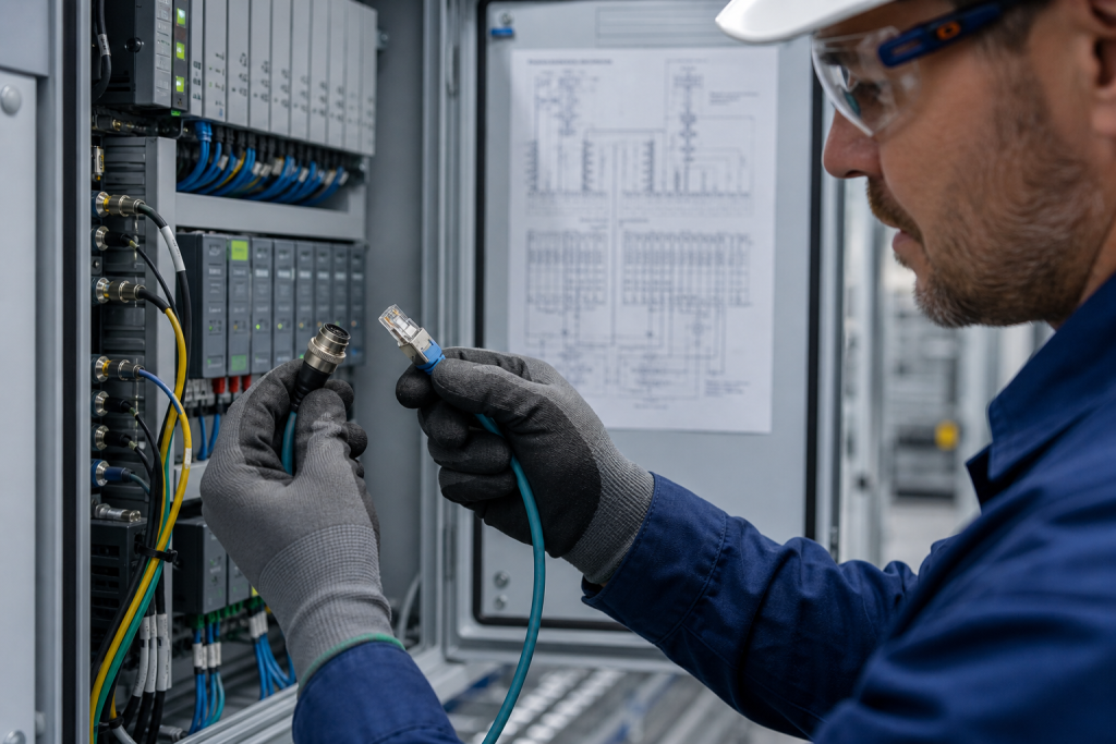 Engineer checking shielded industrial automation cables, connector coding and pin alignment beside a PLC cabinet