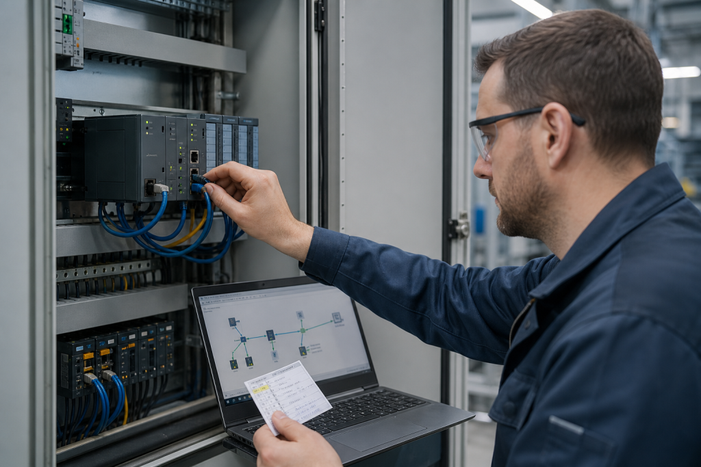 Engineer inspecting a PLC communication module, Ethernet cables and control cabinet network connections