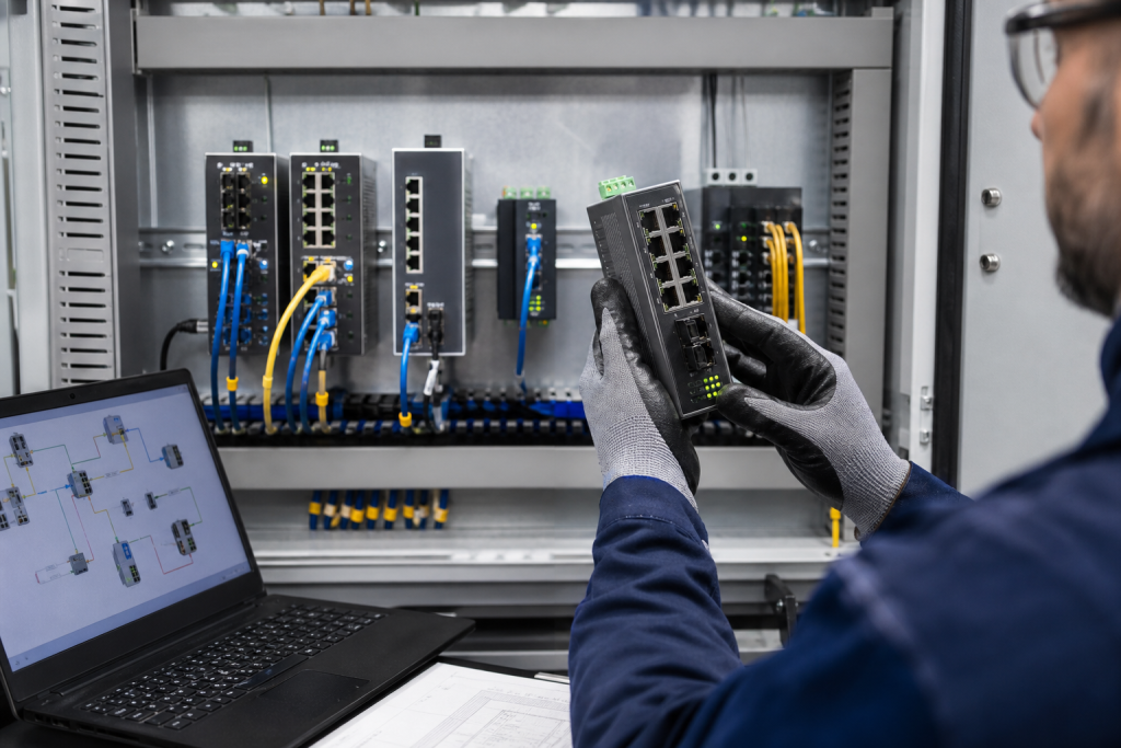 Engineer comparing industrial Ethernet switches inside a factory control cabinet