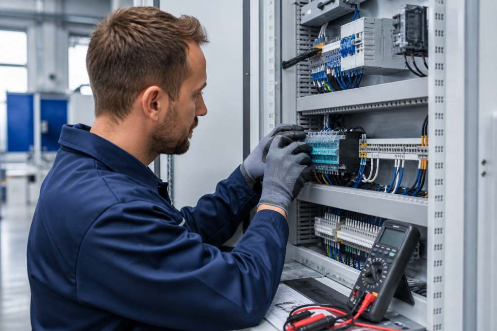 Engineer checking a DIN rail interface module, terminal wiring and grounding inside a PLC control cabinet