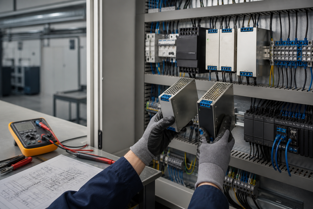 Engineer comparing DIN-rail industrial power supplies inside a control cabinet