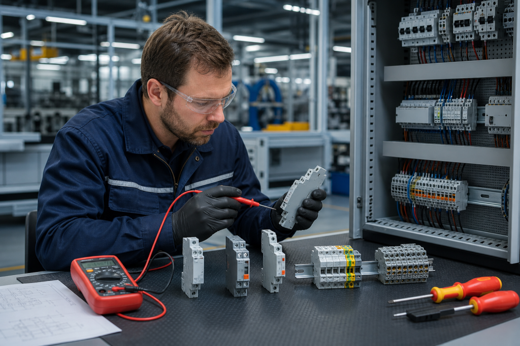 Engineer comparing DIN rail interface relays and control cabinet wiring