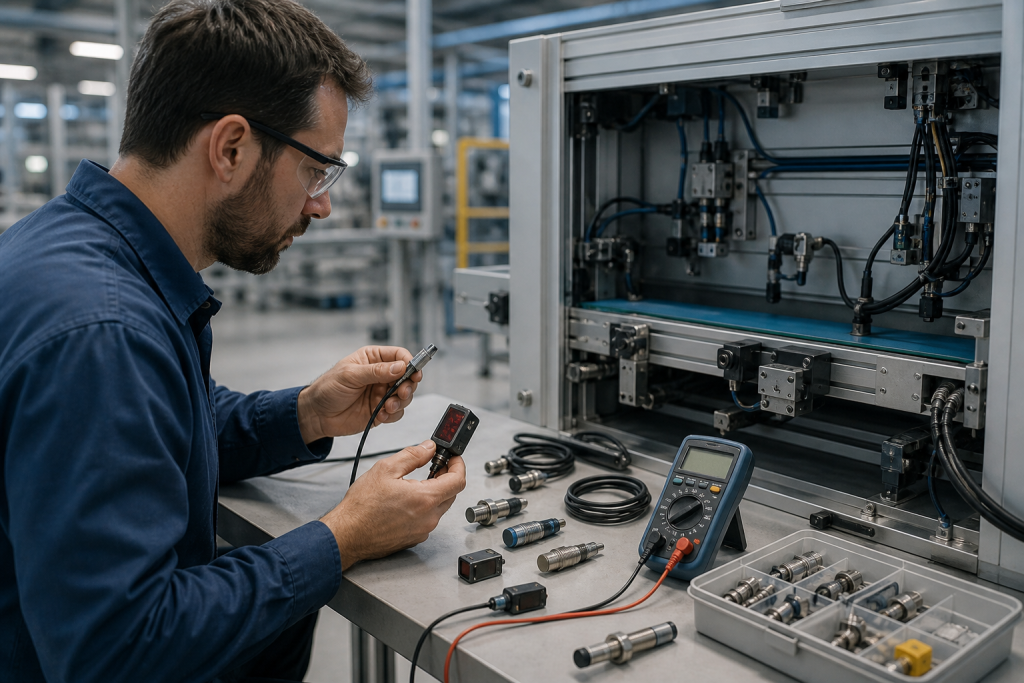 Engineer inspecting industrial sensors, connector pins and a machine detection point