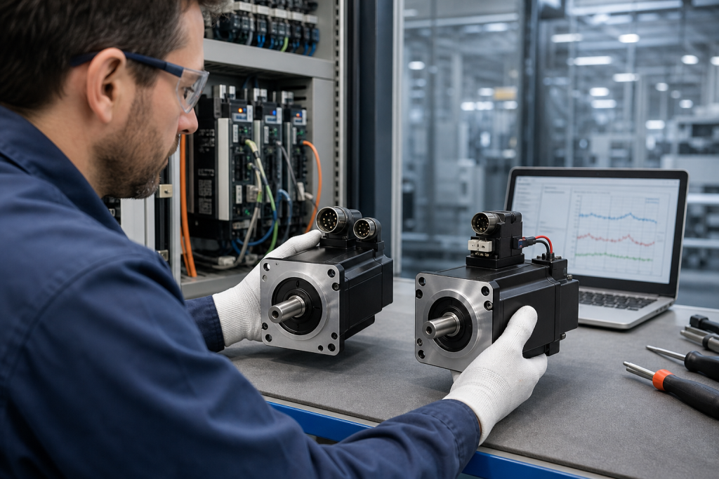Engineer comparing servo motors, encoder connectors and brake wiring in an industrial motion-control cabinet