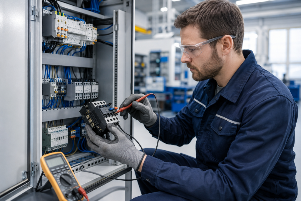 Engineer inspecting an industrial contactor coil, auxiliary contacts and motor control wiring in a cabinet
