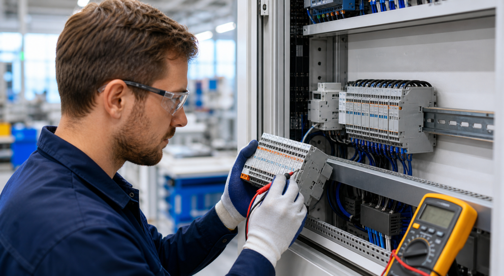 Engineer inspecting an encoder, servo motor feedback connector and mounting alignment in an industrial workshop