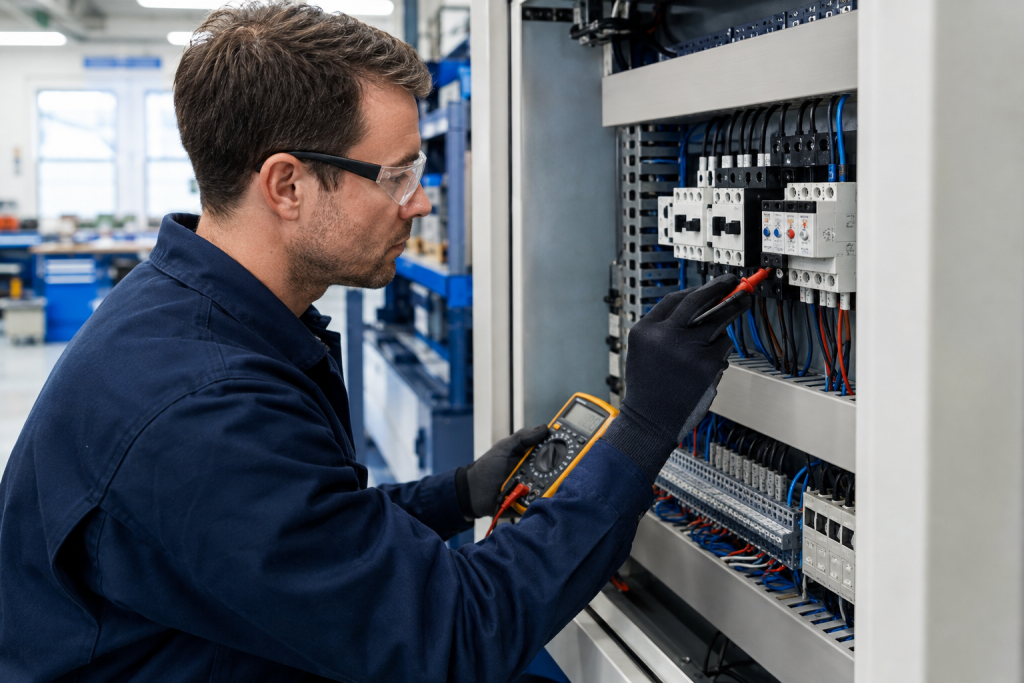 Engineer inspecting an electronic motor overload relay current setting and auxiliary wiring in a control cabinet