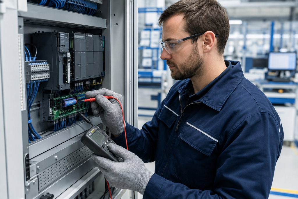 Engineer inspecting a PLC backup battery compartment, connector polarity and controller memory retention setup