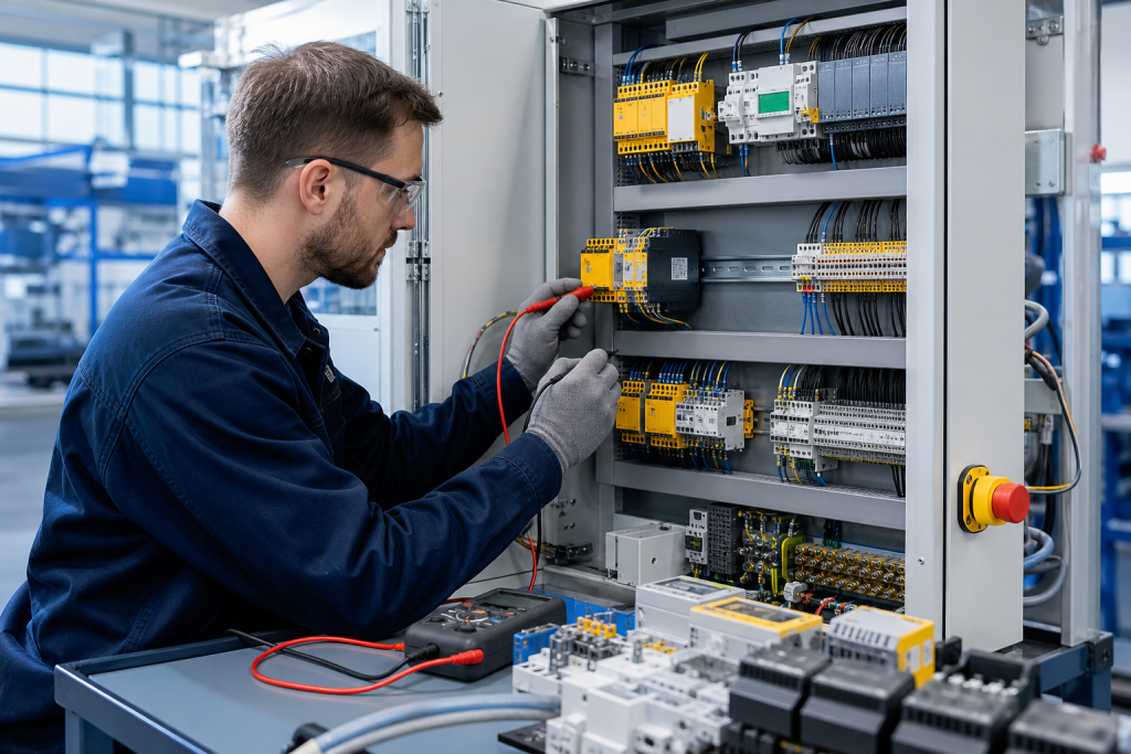 Engineer inspecting a DIN rail safety relay and safety I/O wiring inside a PLC control cabinet