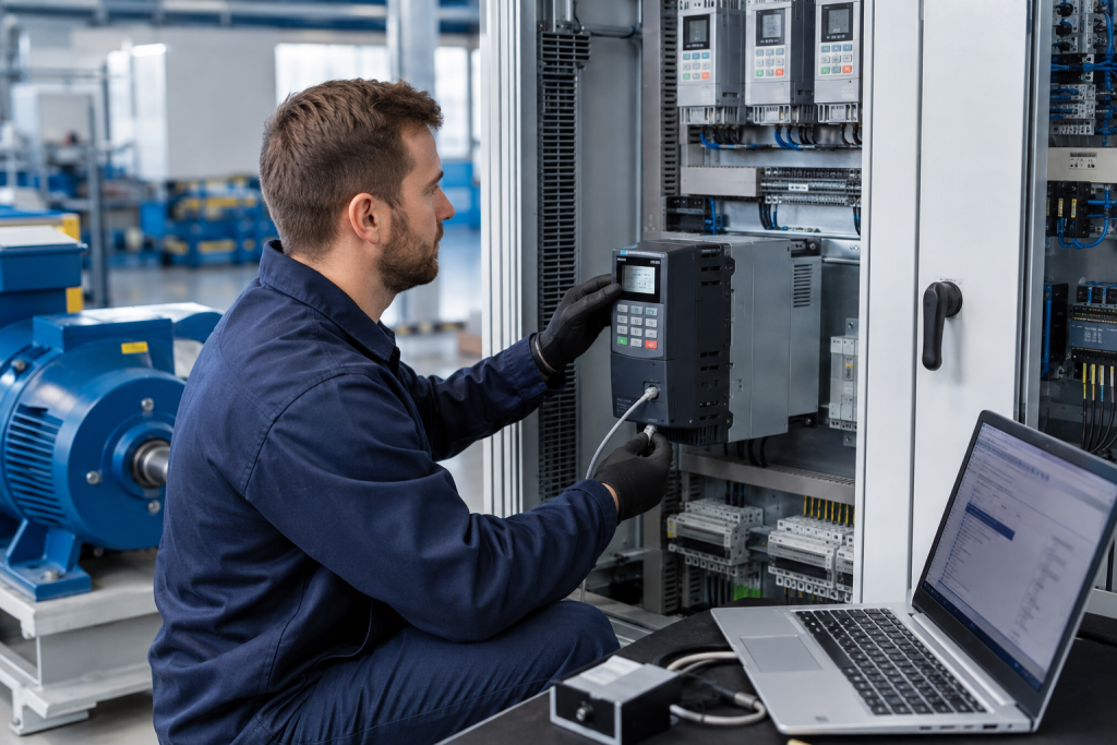 Engineer inspecting a variable frequency drive keypad, interface cable and control panel in an industrial cabinet