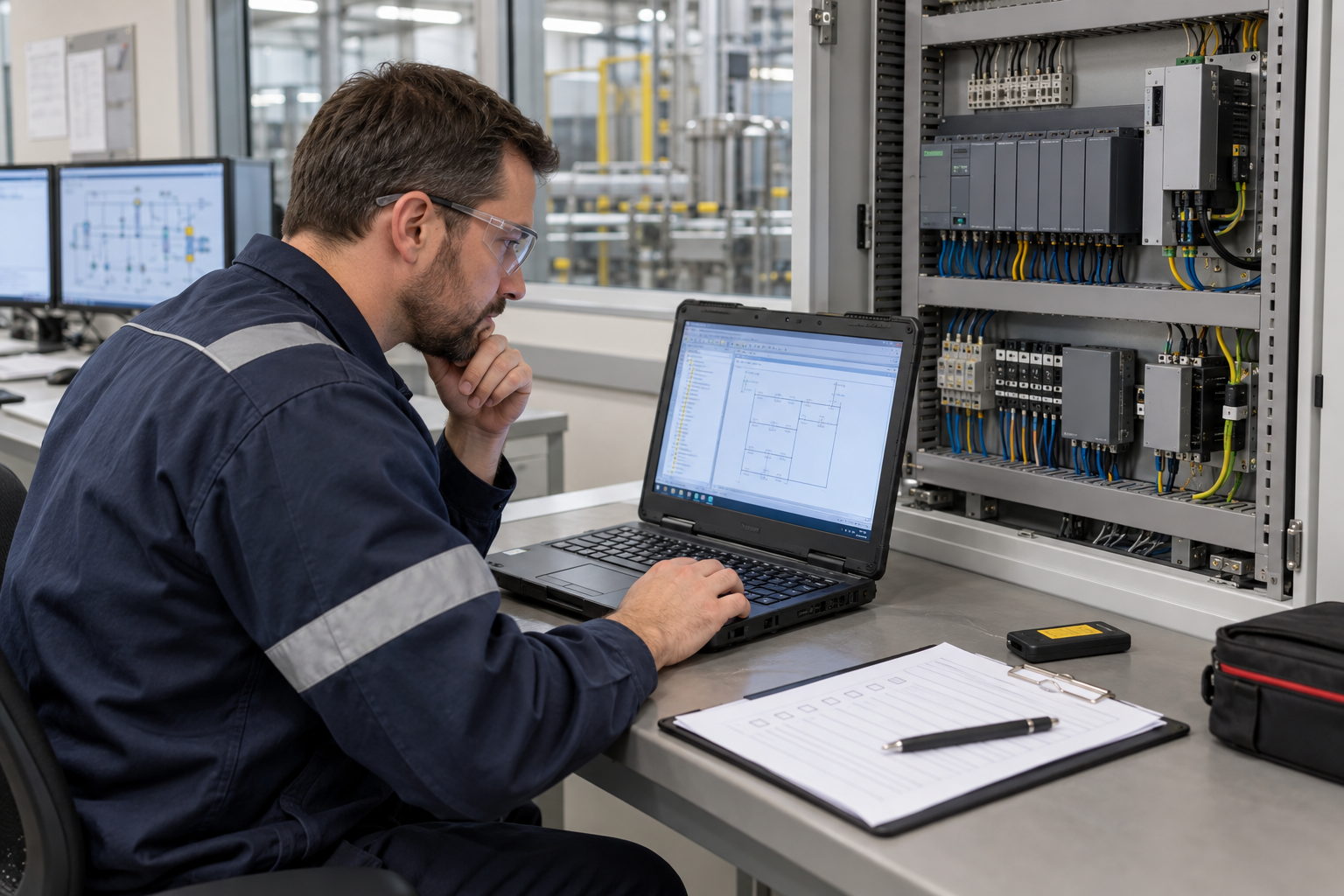 Controls engineer reviewing a PLC project file beside an industrial control cabinet
